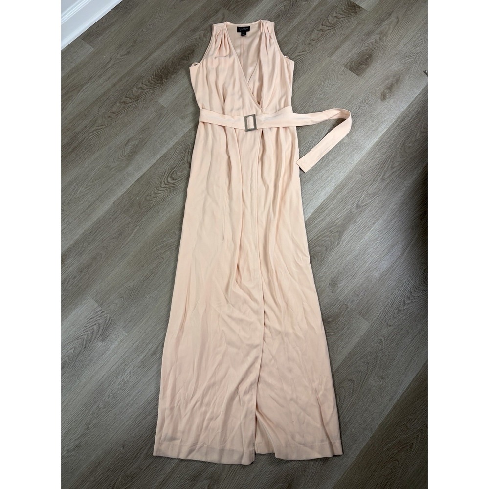 St John Couture $1,595 Deep V Belted Gown Dress Size: 4 Peach Color Silk Lining